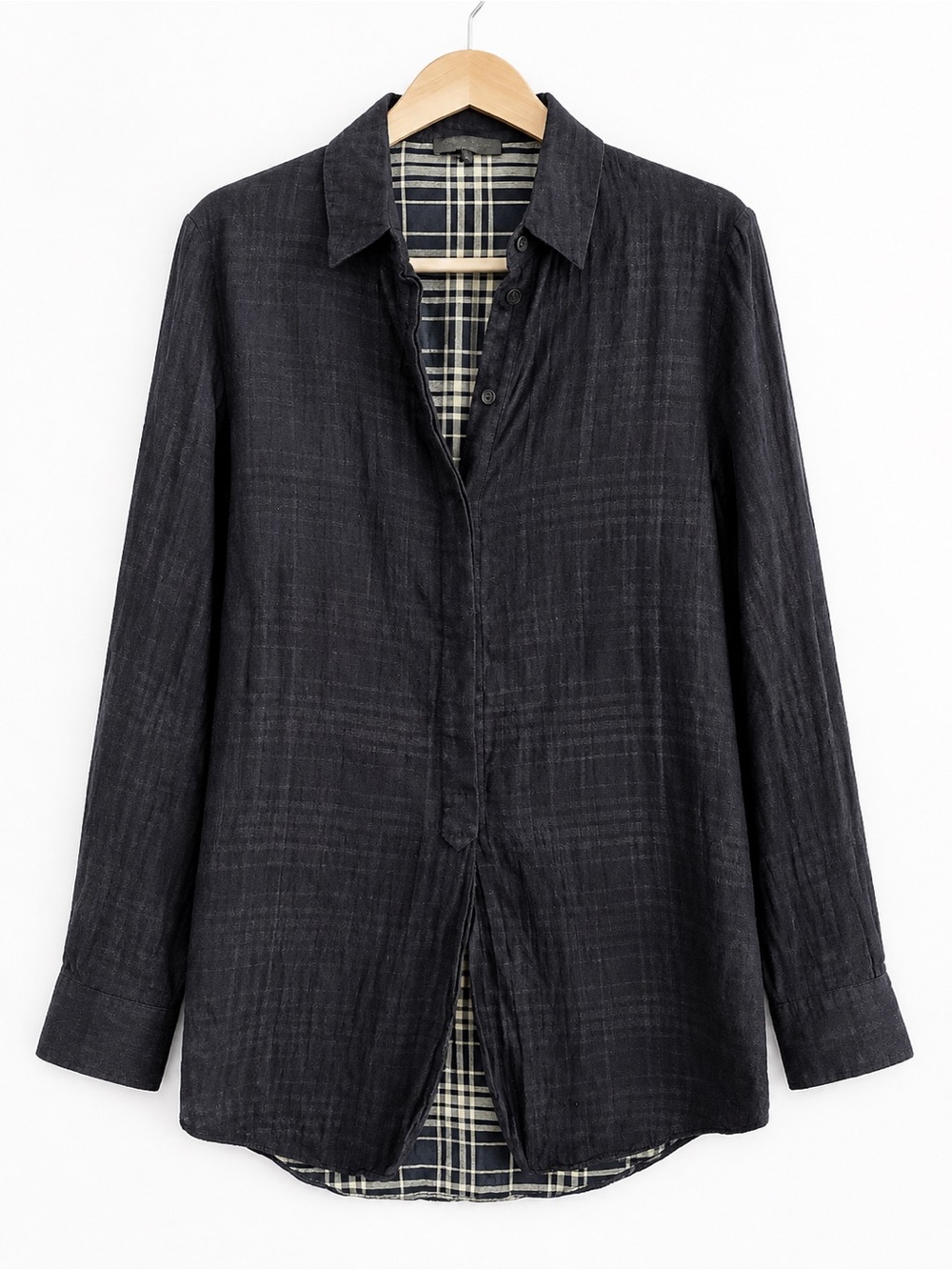 Rag & Bone Black Tonal Plaid Longline Button Front Shirt XS